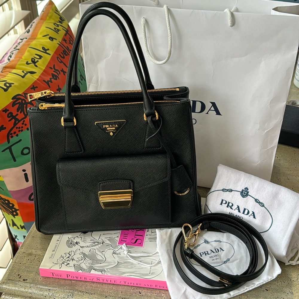 Prada Saffiano Lux Metropolis/Black Gold Metal/ Excellent Condition